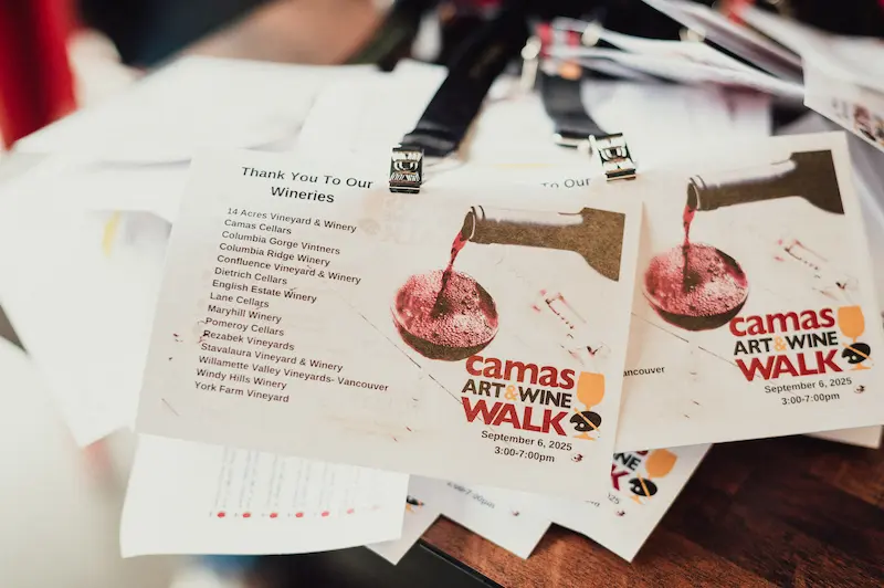 Printed 'Thank You' cards for the Camas Art and Wine Walk listing participating local wineries and vineyards in Washington.